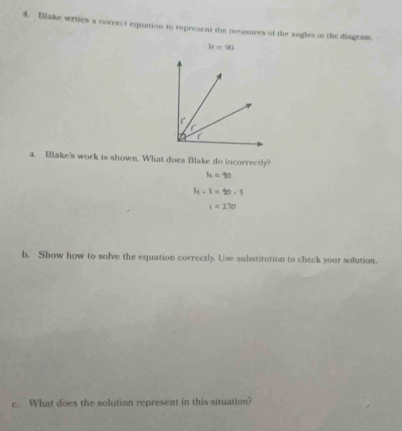 4. blake writes a correct equation to represent the measures of the ang…