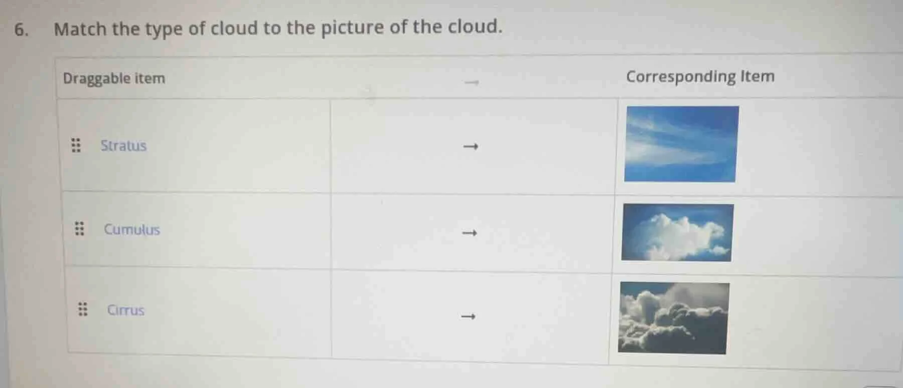 6. match the type of cloud to the picture of the cloud. draggable item …