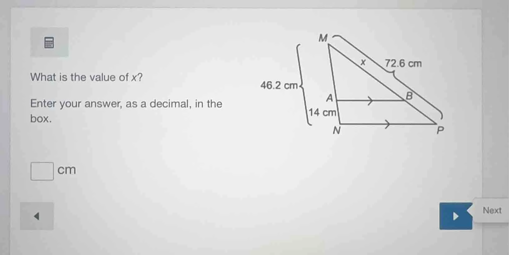 what is the value of x? enter your answer, as a decimal, in the box. \\…