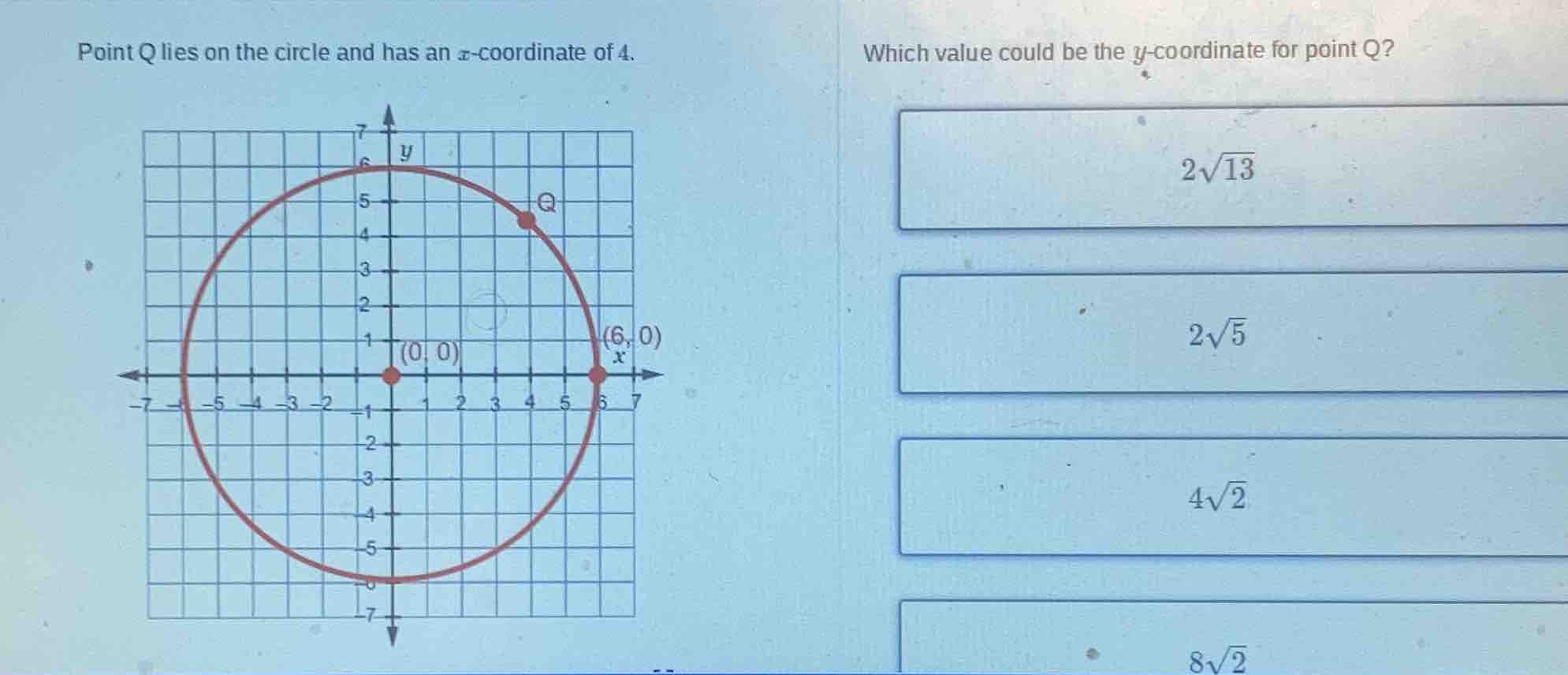 point q lies on the circle and has an x-coordinate of 4. which value co…