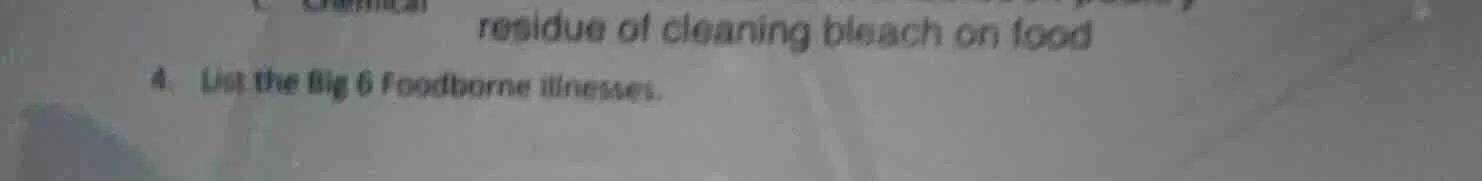 residue of cleaning bleach on food 4. list the big 6 foodborne illnesse…