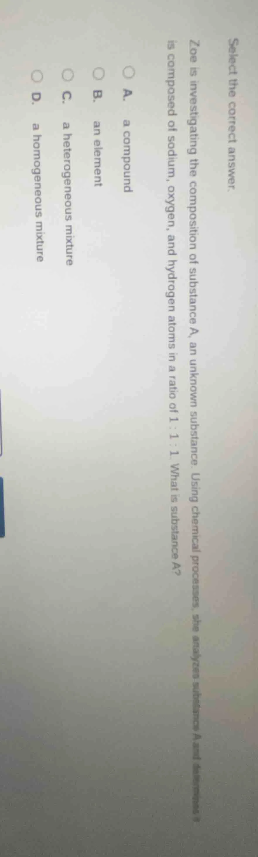 select the correct answer. zoe is investigating the composition of subs…