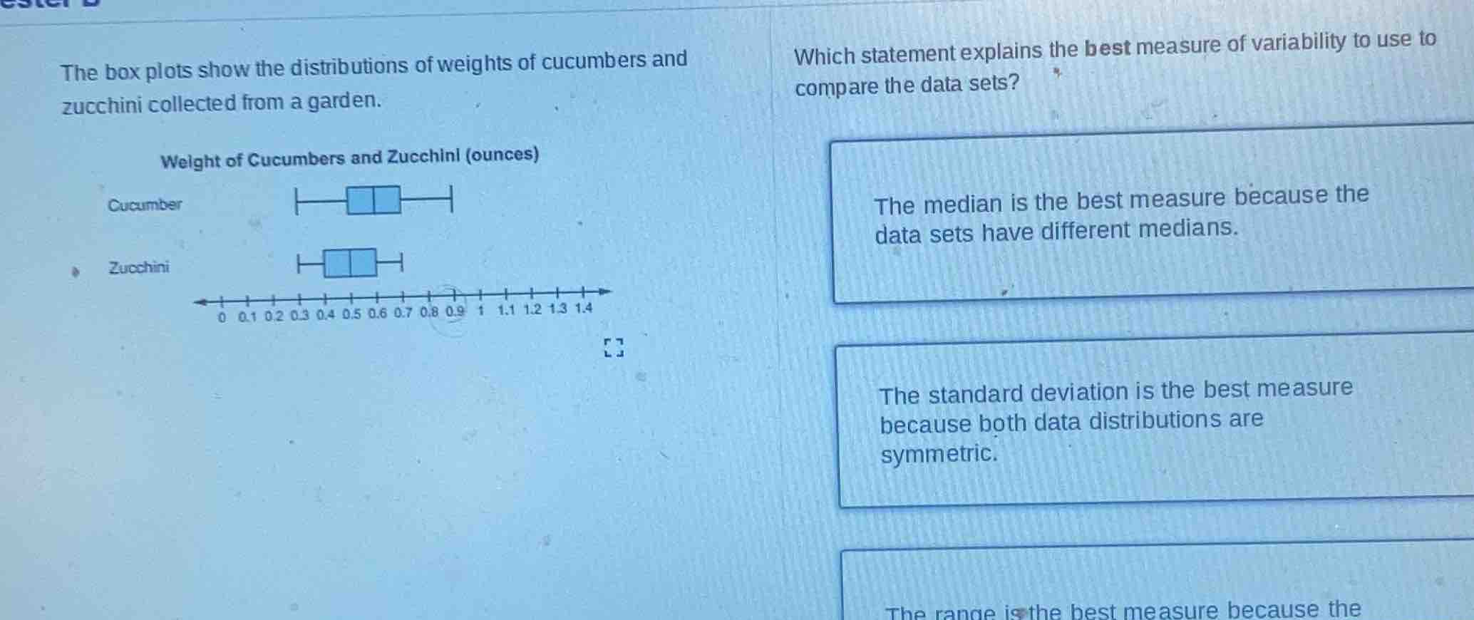 the box plots show the distributions of weights of cucumbers and zucchi…