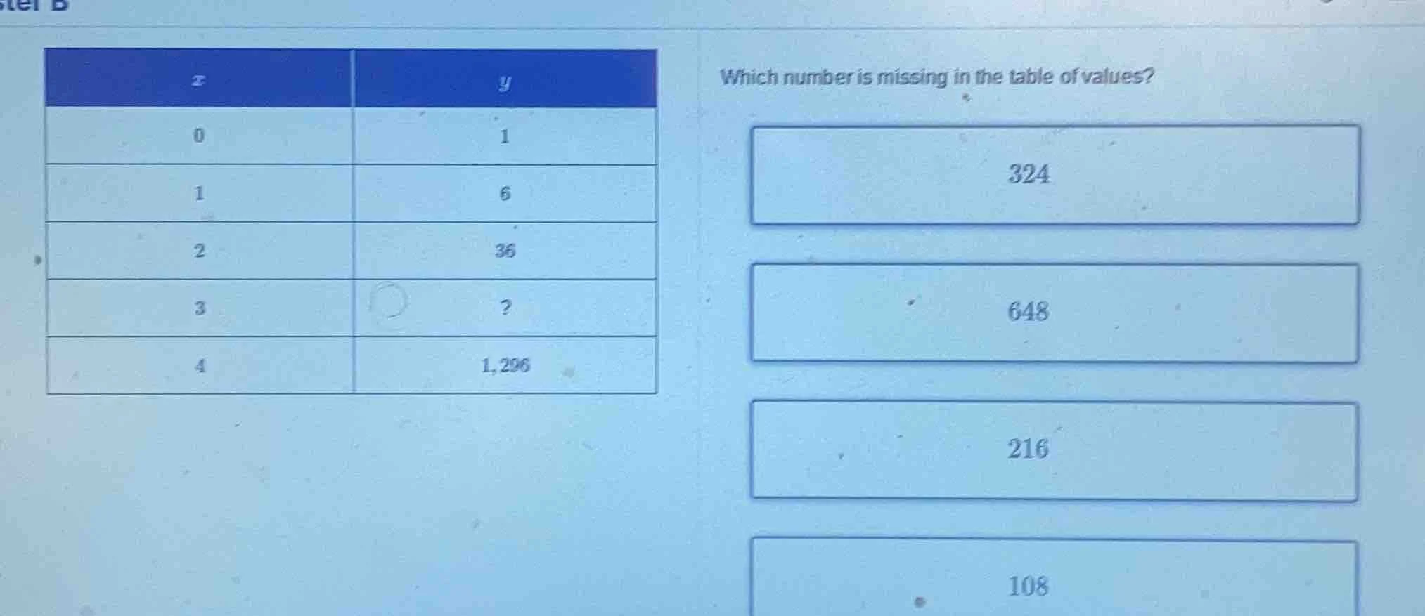which number is missing in the table of values? x | y 0 | 1 1 | 6 2 | 3…