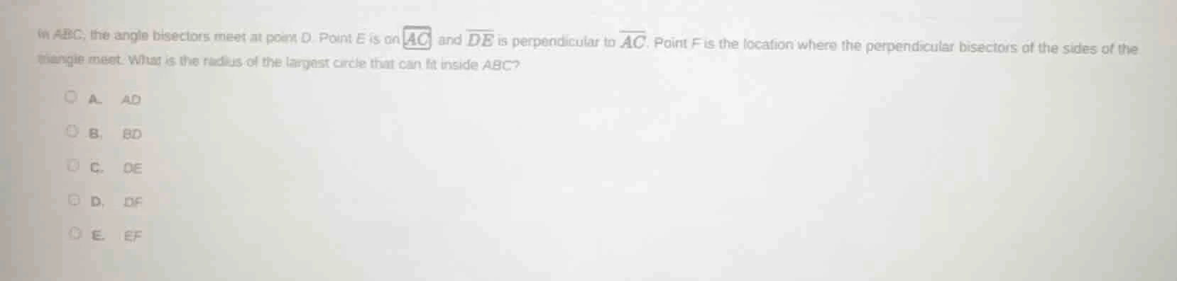 in abc, the angle bisectors meet at point d. point e is on \\(\\overlin…