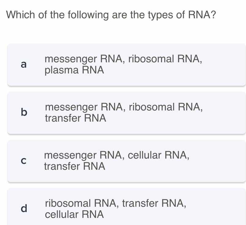 which of the following are the types of rna? a messenger rna, ribosomal…