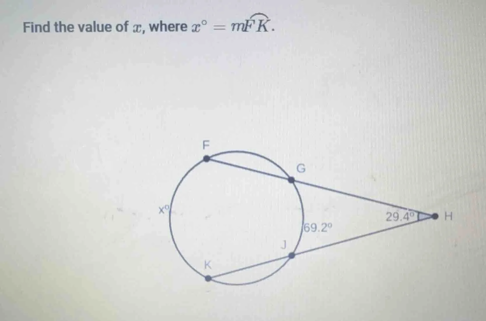 find the value of ( x ), where ( x^circ = moverarc{fk} ).