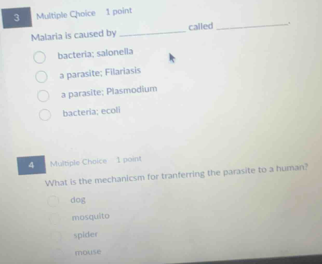 3 multiple choice 1 point malaria is caused by ____________ called ____…