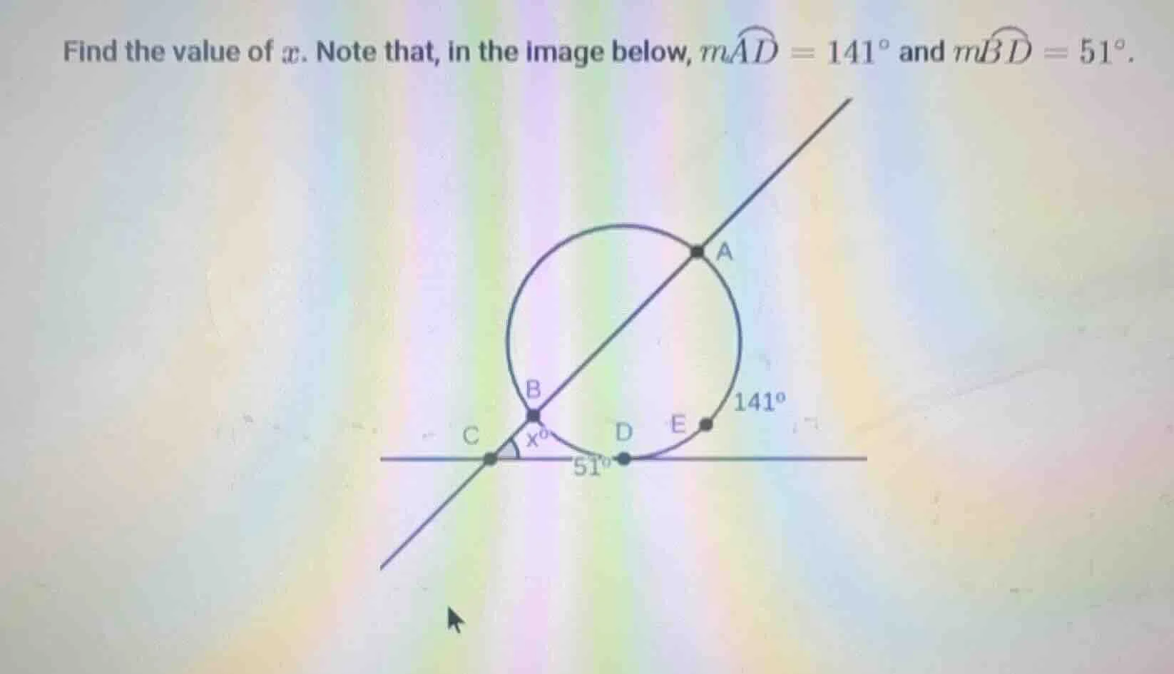 find the value of ( x ). note that, in the image below, ( moverarc{ad} …