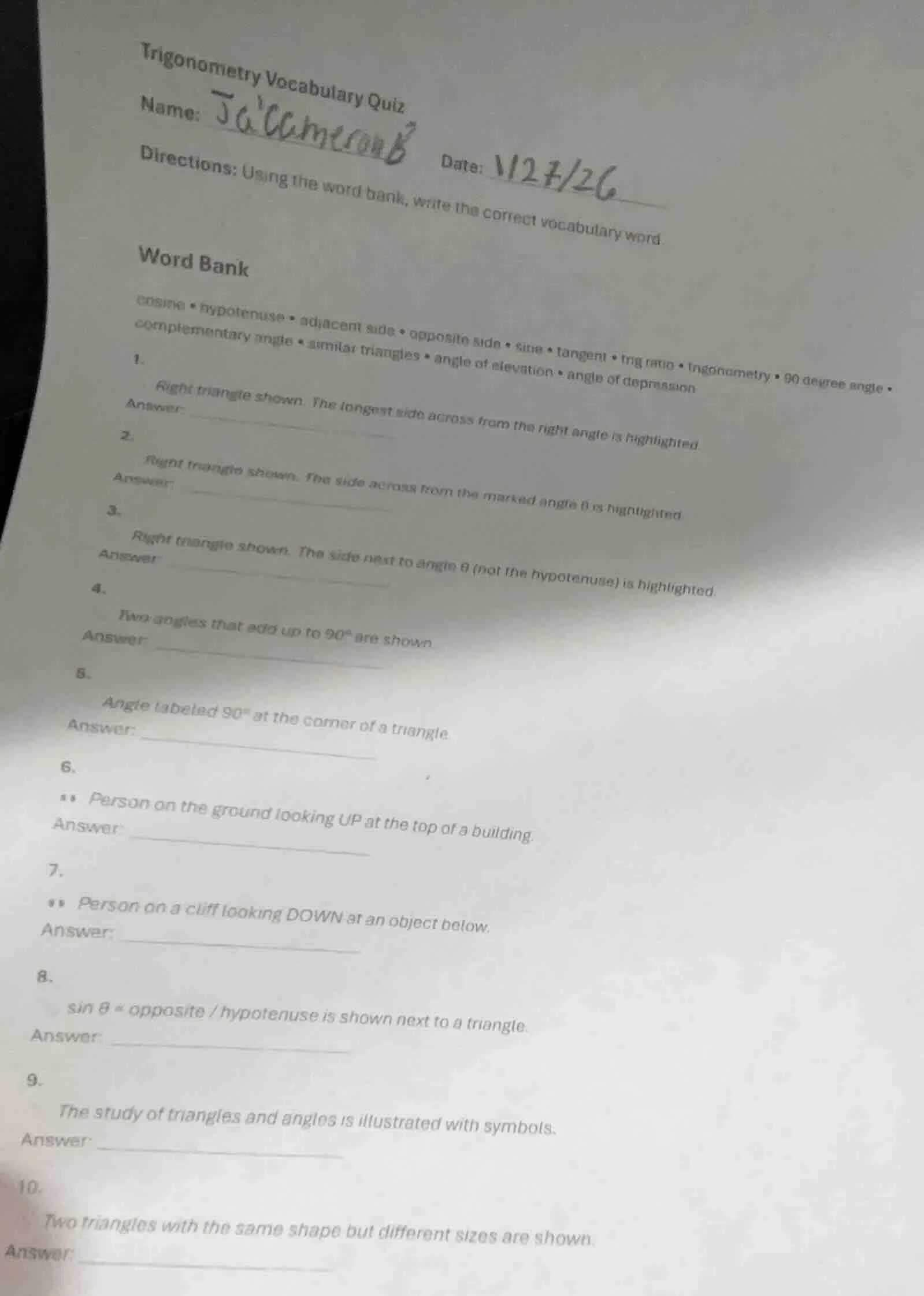 trigonometry vocabulary quiz name: date: directions: using the word ban…