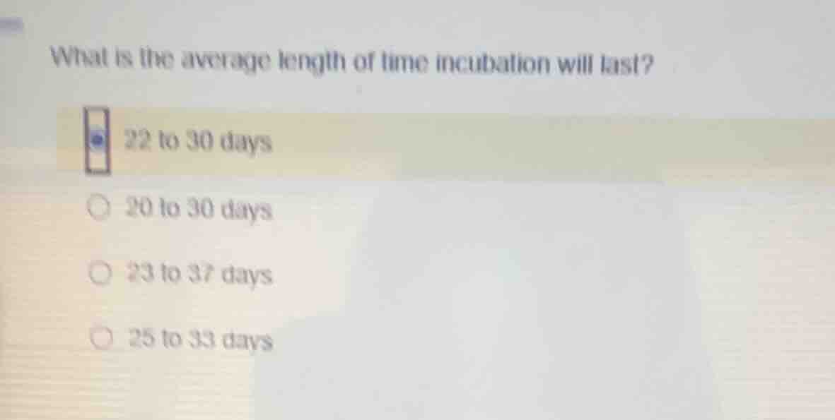 what is the average length of time incubation will last? 22 to 30 days …