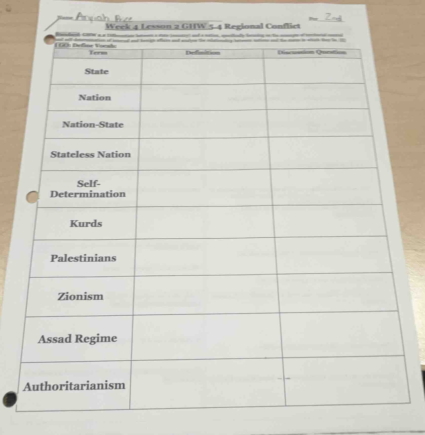 name aryah bee\ per 2nd\ week 4 lesson 2 ghw 5-4 regional conflict\ (st…