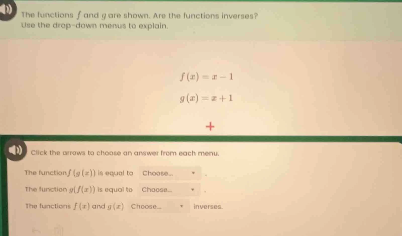 the functions f and g are shown. are the functions inverses? use the dr…