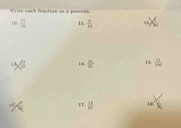 write each fraction as a percent. 10. \\(\frac{17}{20}\\) 11. \\(\frac{…