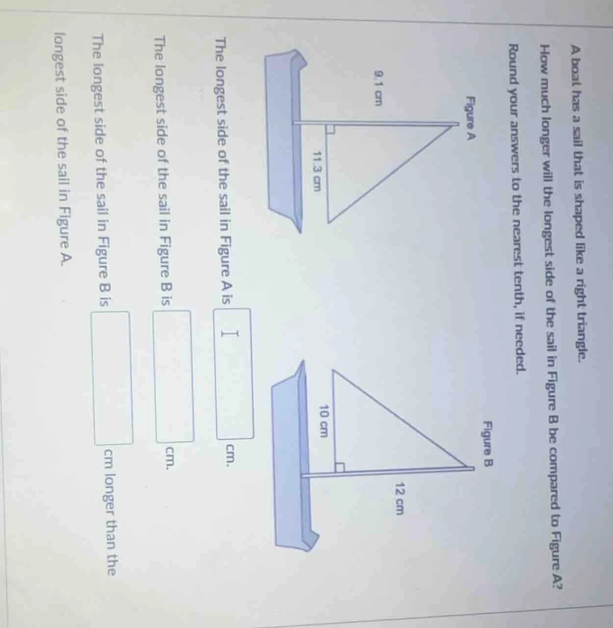 a boat has a sail that is shaped like a right triangle. how much longer…