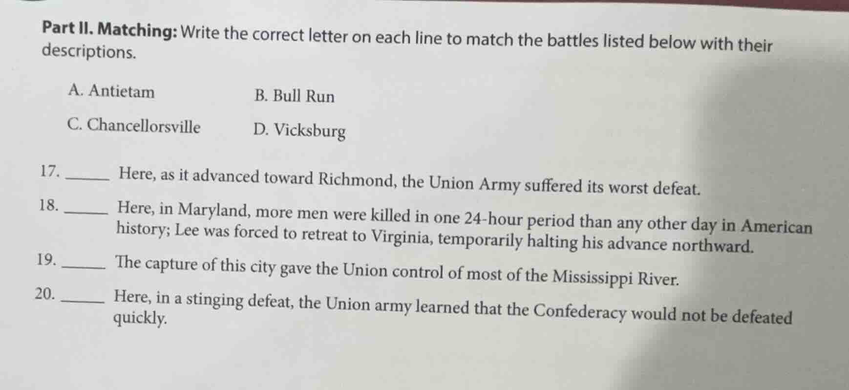 part ii. matching: write the correct letter on each line to match the b…