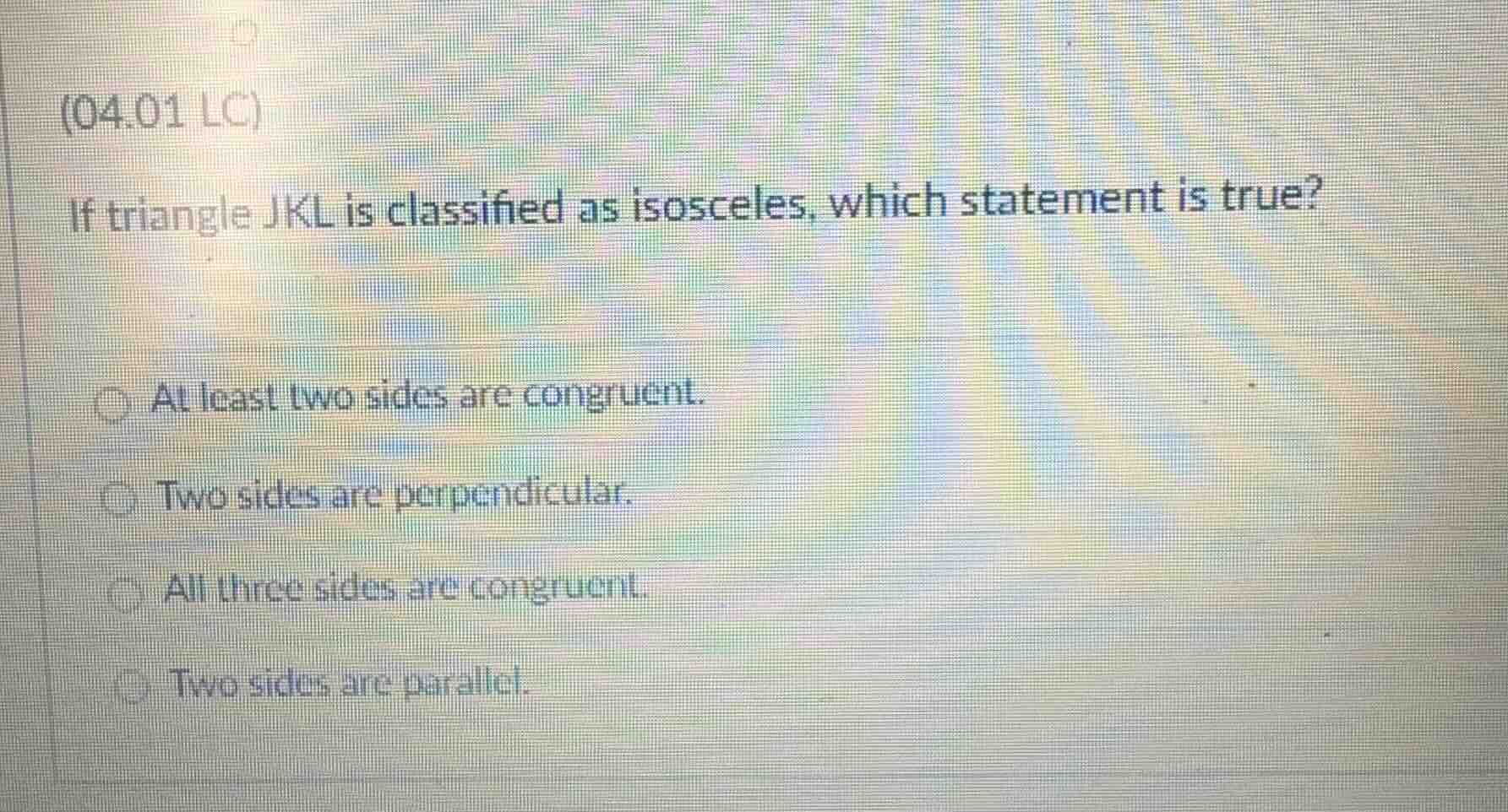 (04.01 lc) if triangle jkl is classified as isosceles, which statement …