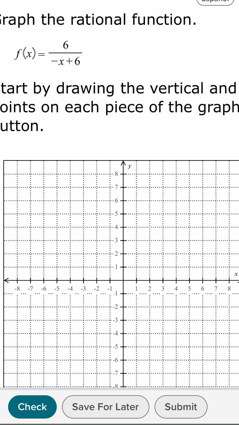 graph the rational function. $f(x)=\\frac{6}{-x + 6}$ start by drawing …