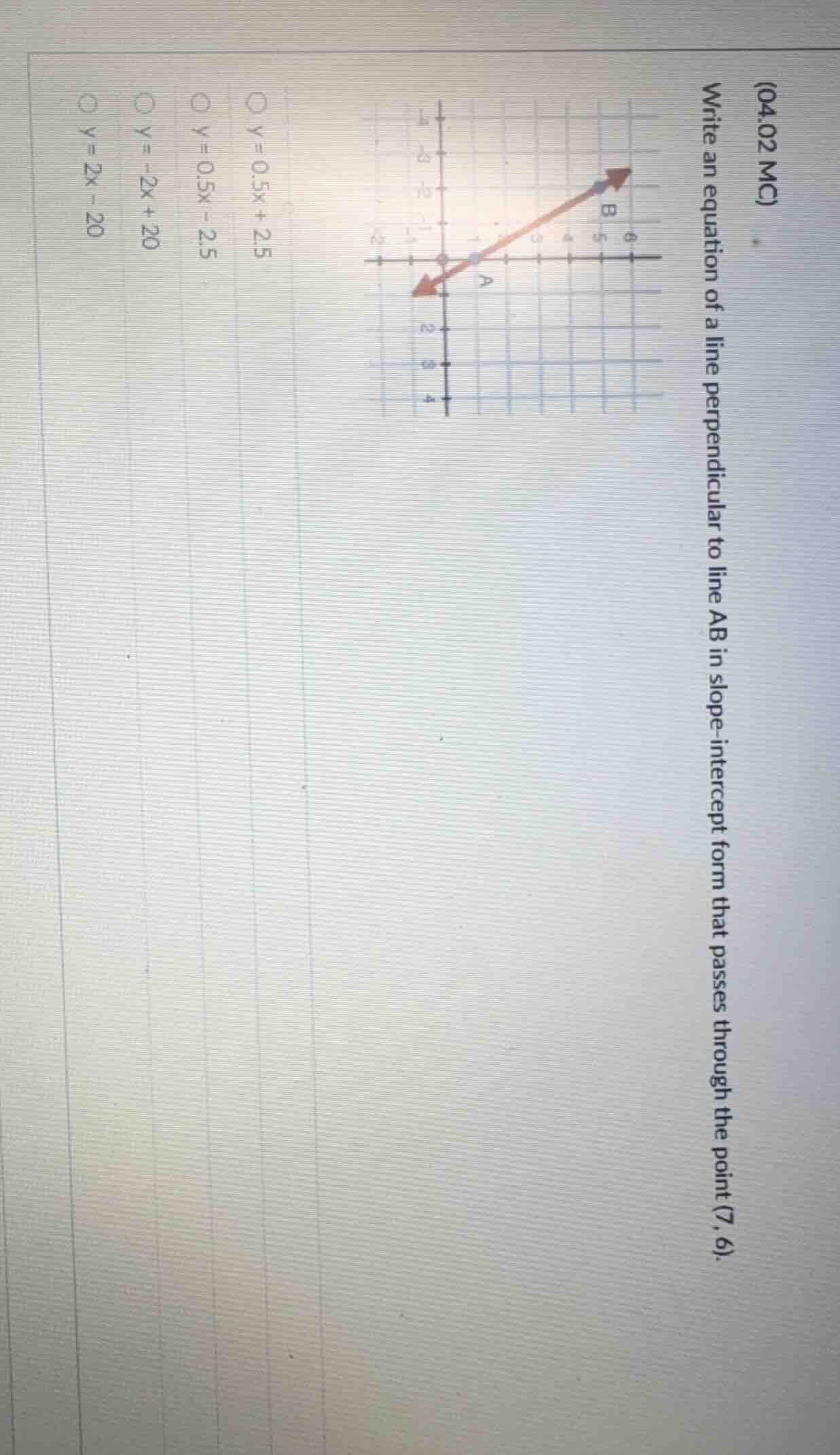 (04.02 mc) write an equation of a line perpendicular to line ab in slop…