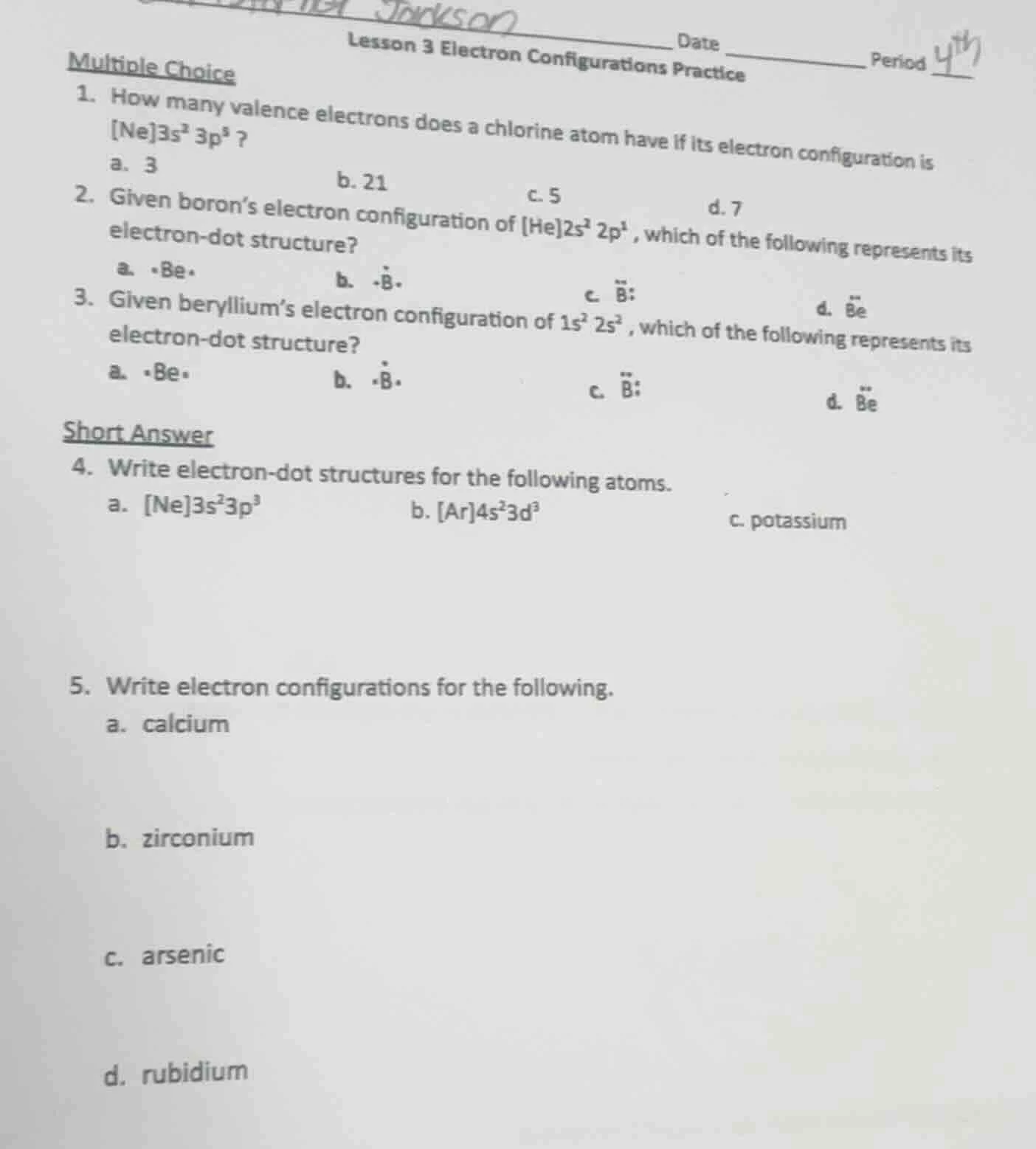 lesson 3 electron configurations practice date period multiple choice 1…