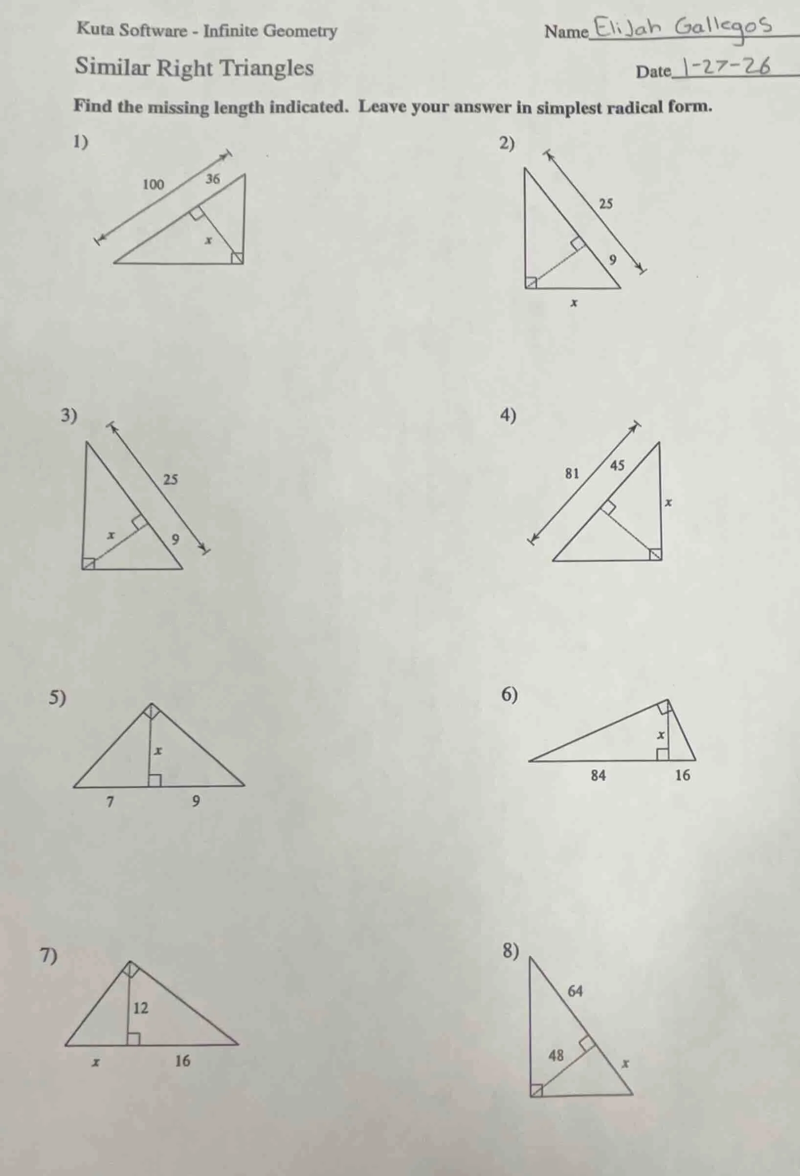 kuta software - infinite geometry name elijah gallegos similar right tr…