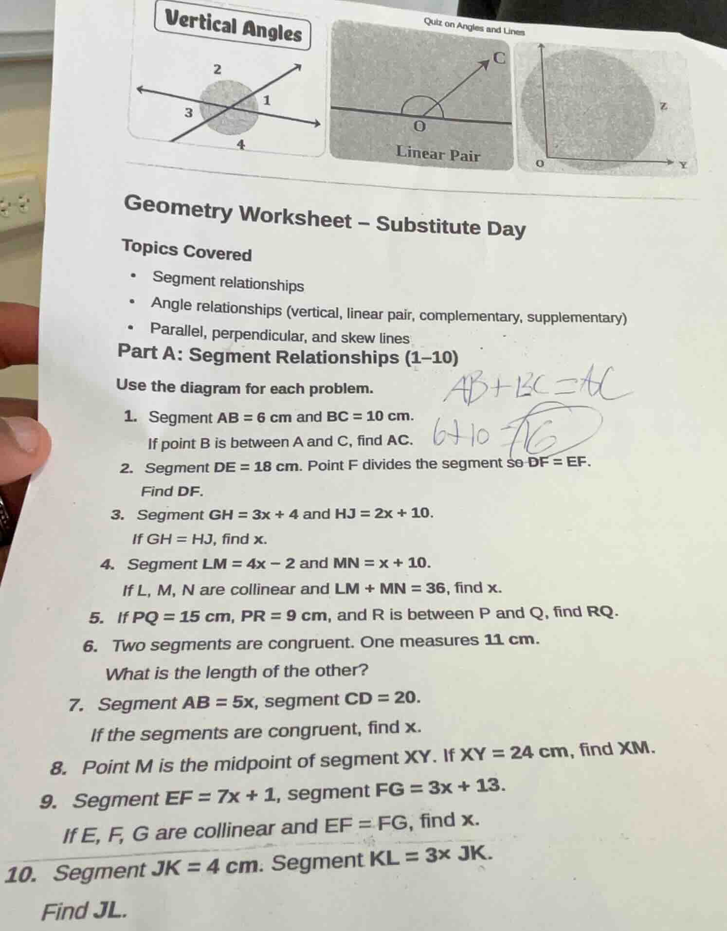geometry worksheet – substitute day topics covered - segment relationsh…