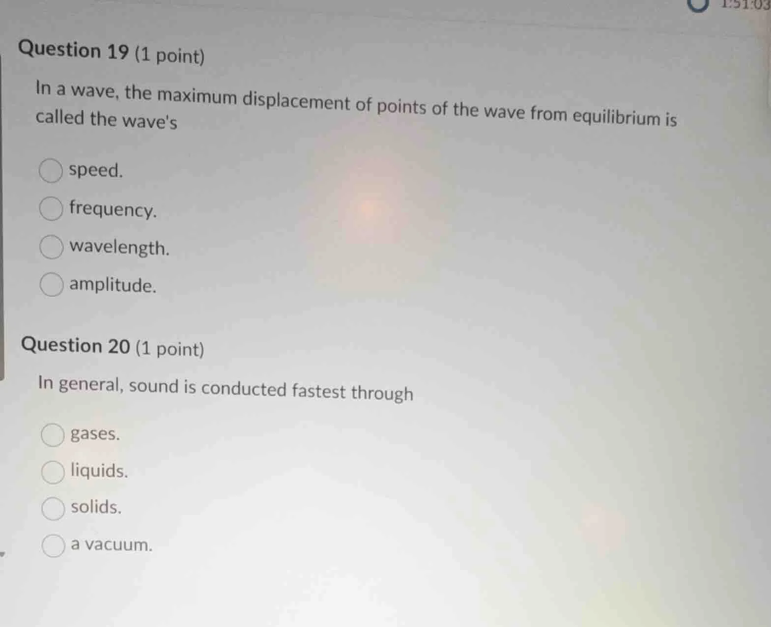 question 19 (1 point) in a wave, the maximum displacement of points of …