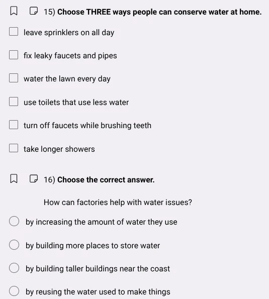 15) choose three ways people can conserve water at home. leave sprinkle…