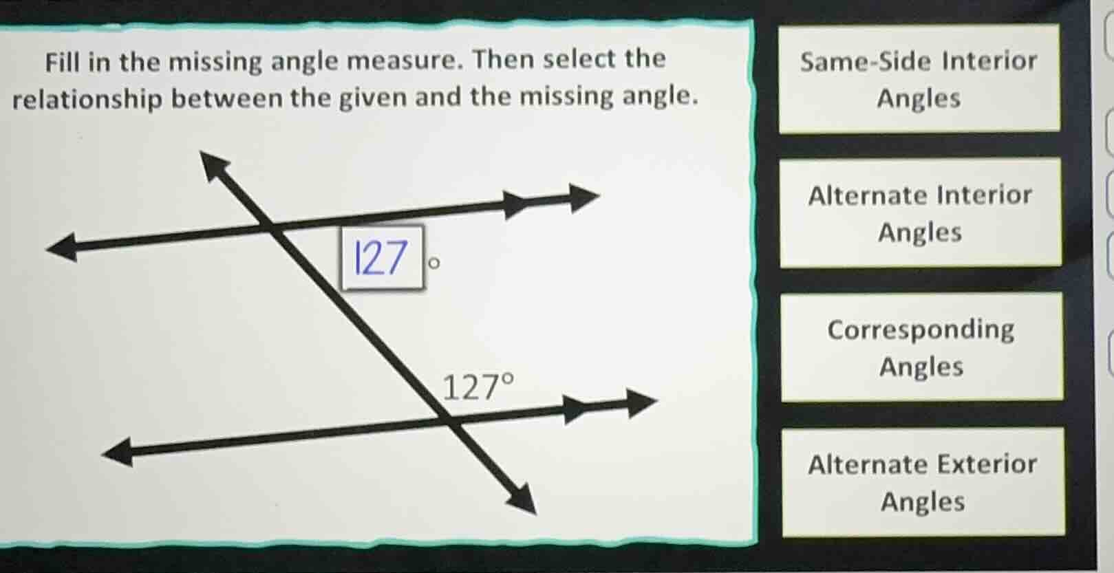 fill in the missing angle measure. then select the relationship between…