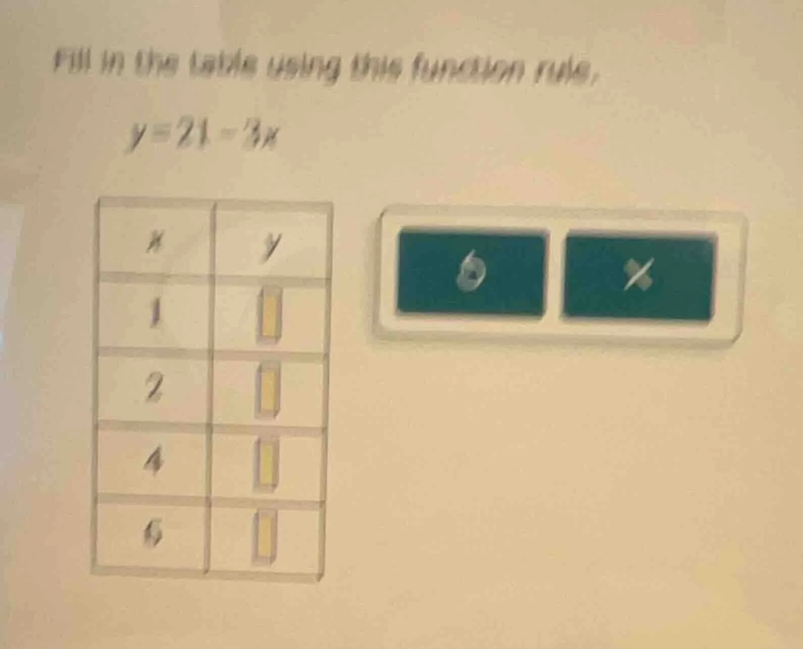 fill in the table using this function rule, y = 21 - 3x (the table has …