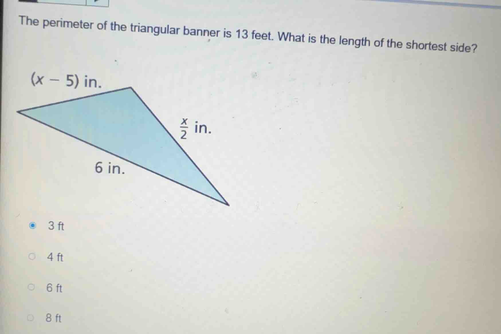 the perimeter of the triangular banner is 13 feet. what is the length o…