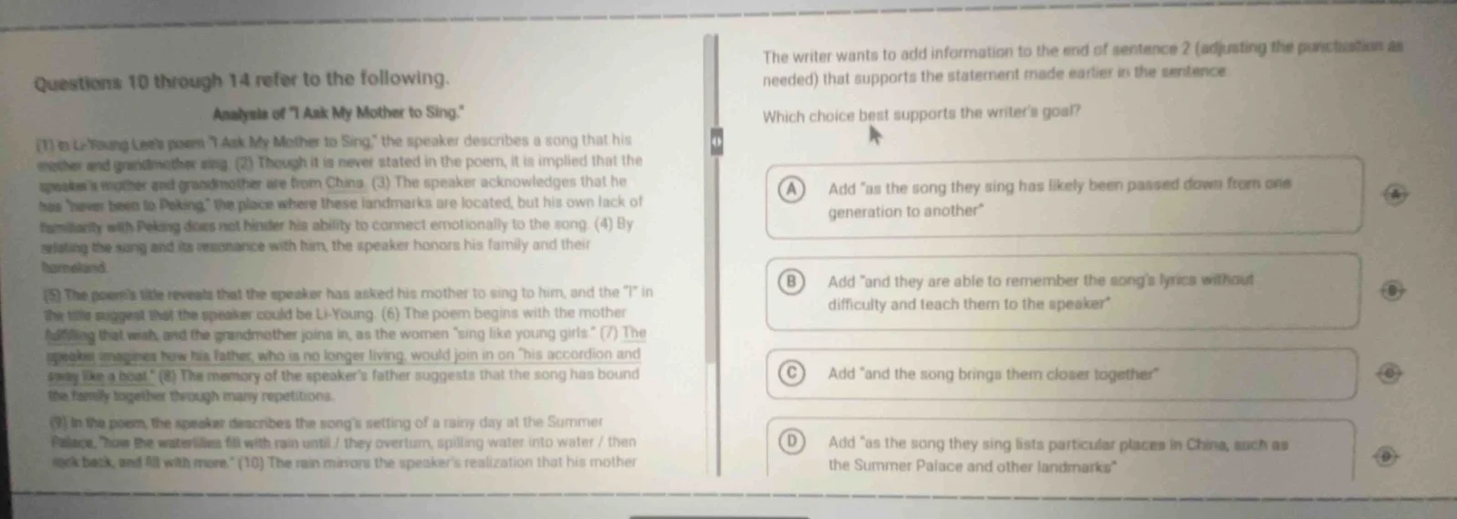 questions 10 through 14 refer to the following. analysis of “i ask my m…