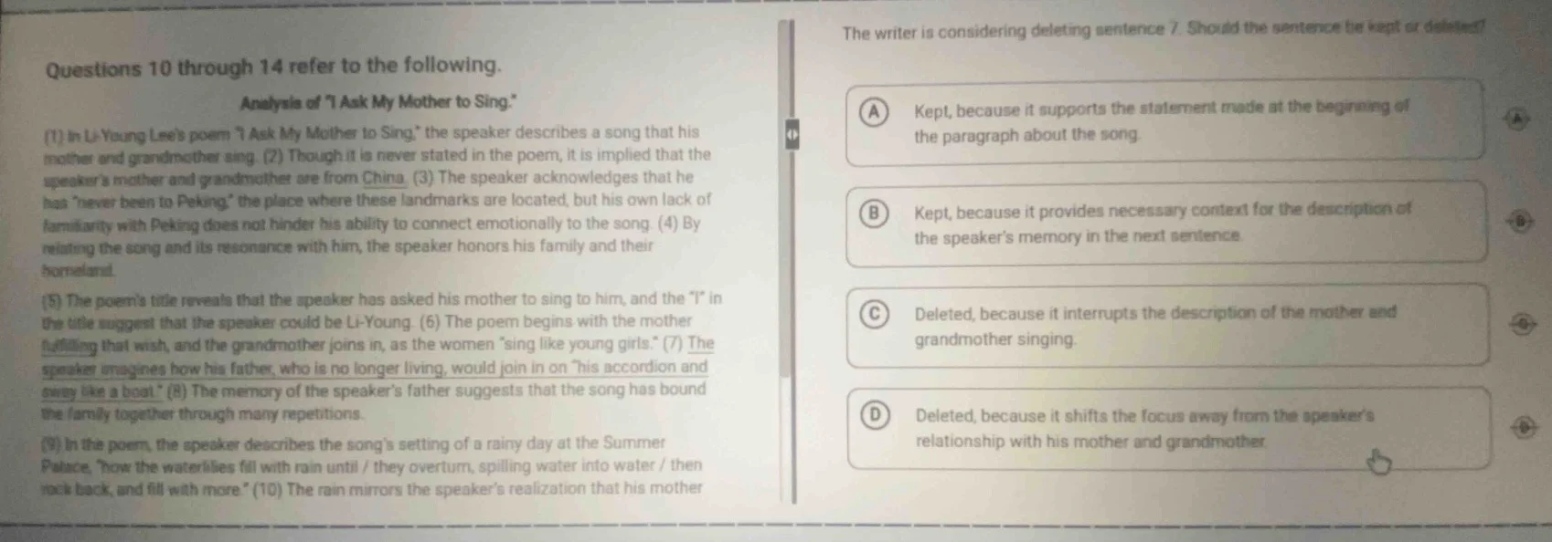 questions 10 through 14 refer to the following. analysis of “i ask my m…