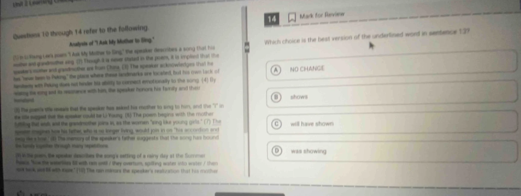 questions 10 through 14 refer to the following. analysis of i ask my mo…