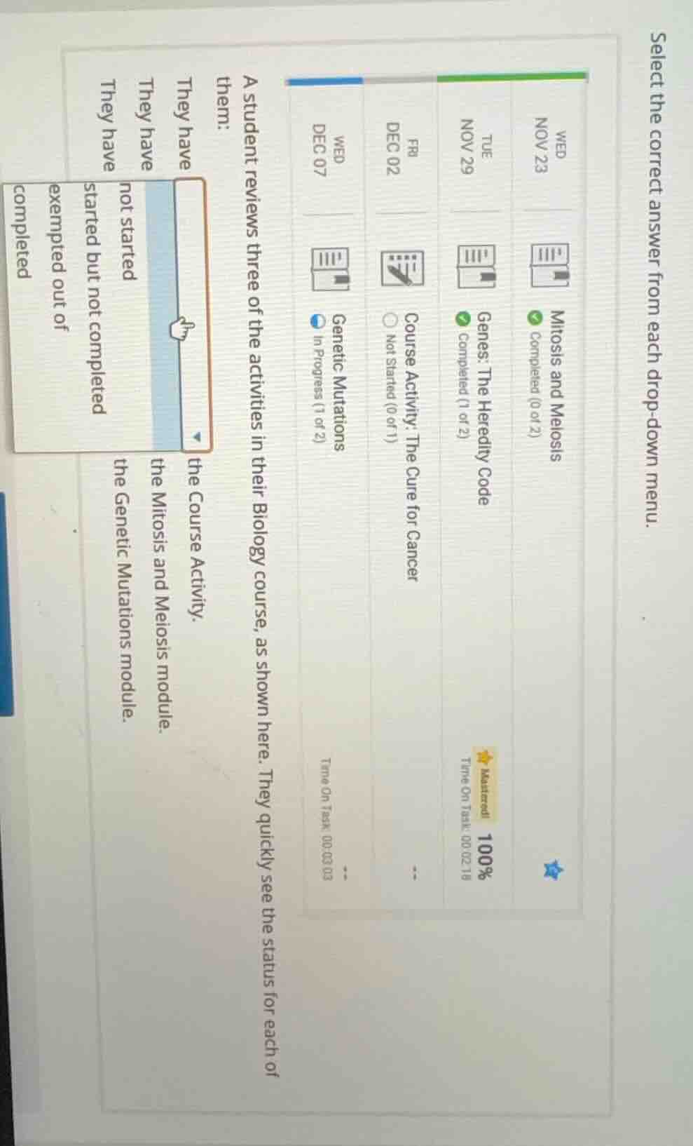 select the correct answer from each drop - down menu. a student reviews…
