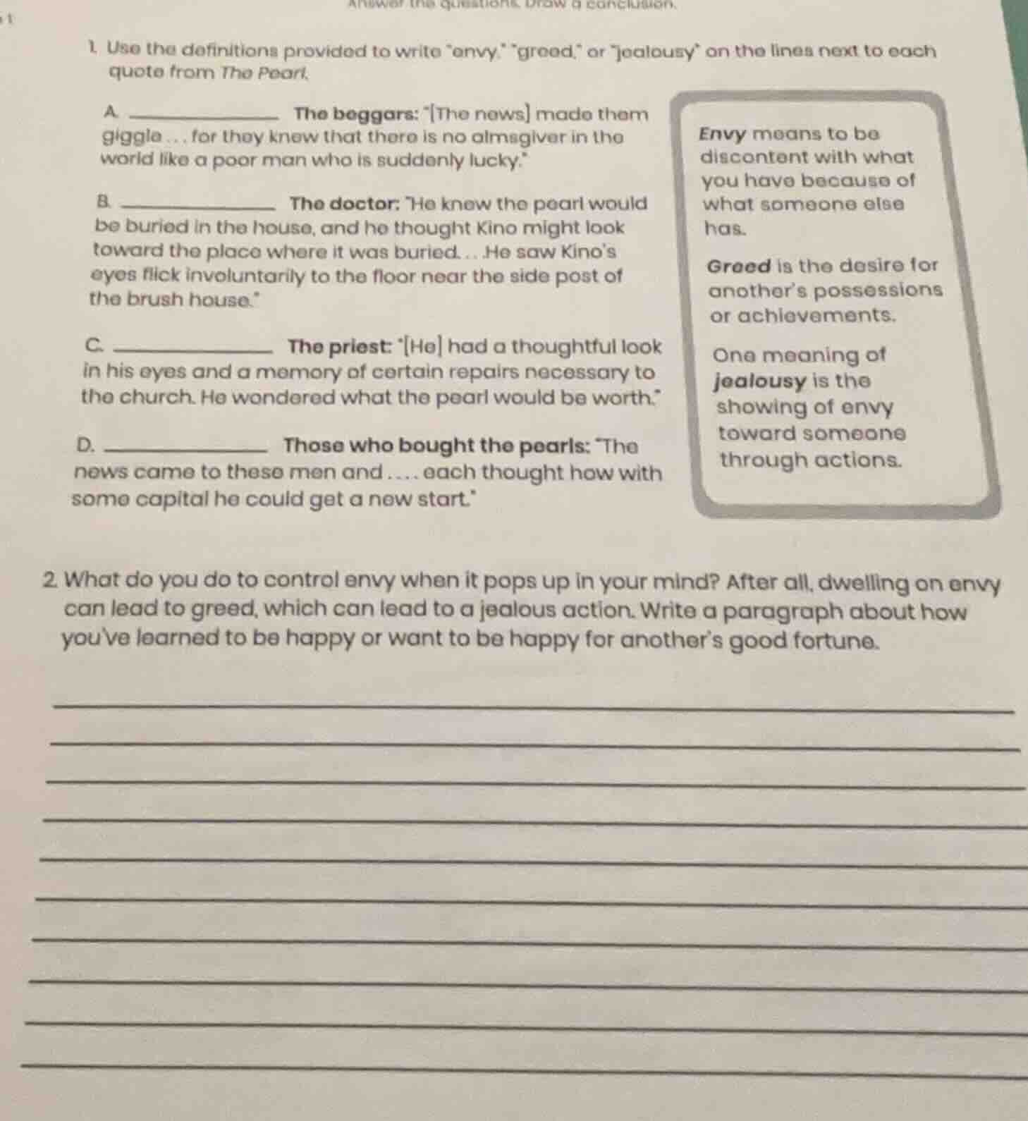 1. use the definitions provided to write \envy,\ \greed,\ or \jealousy\…