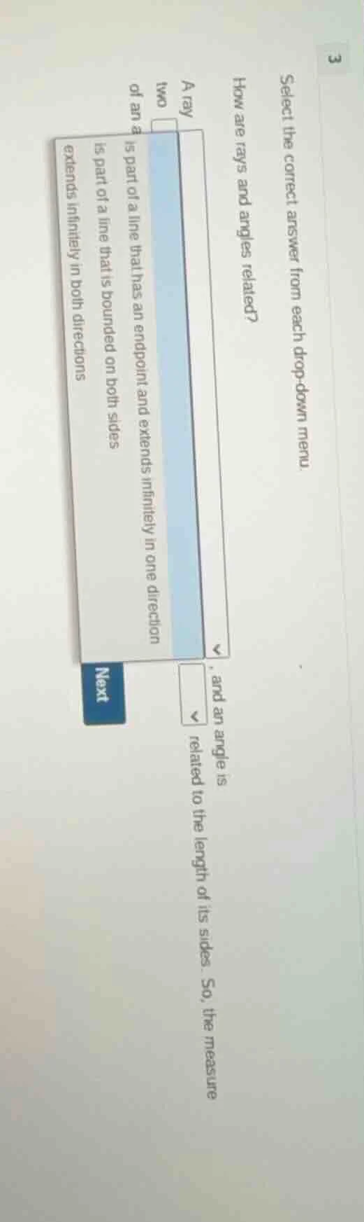 select the correct answer from each drop - down menu. how are rays and …