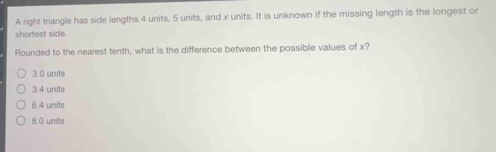a right triangle has side lengths 4 units, 5 units, and x units. it is …