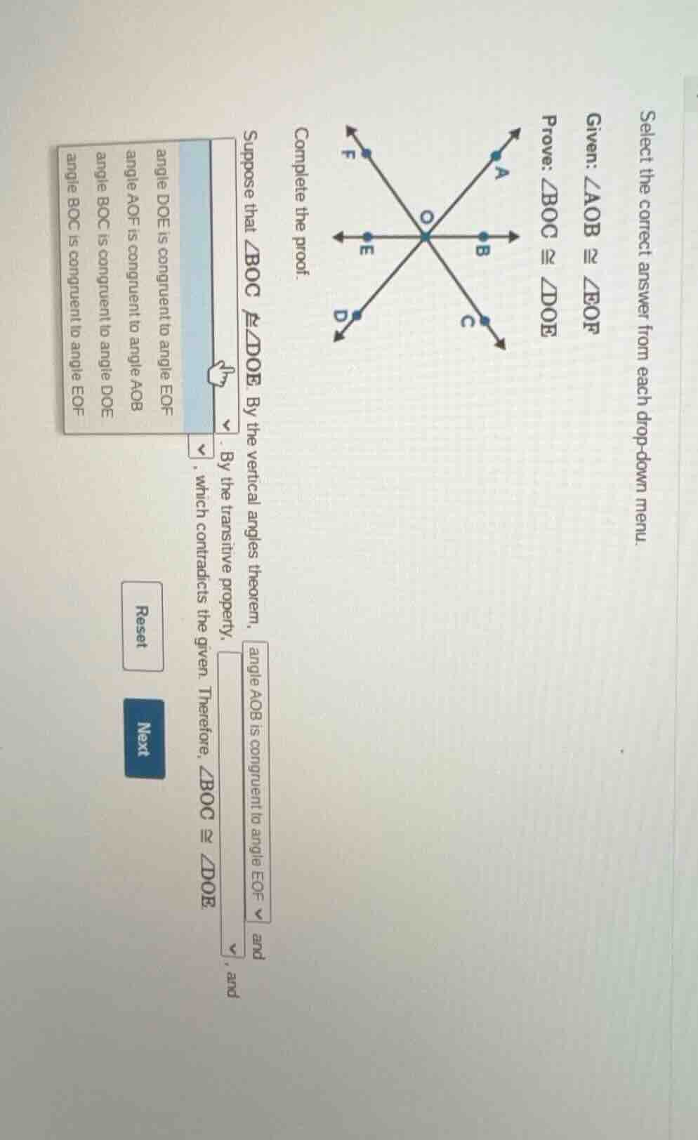 select the correct answer from each drop - down menu. given: $\\angle a…