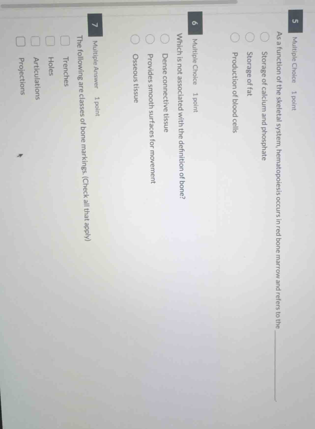 5 multiple choice 1 point as a function of the skeletal system, hematop…
