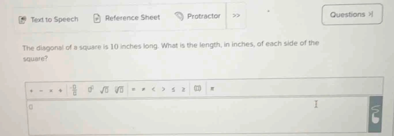 the diagonal of a square is 10 inches long. what is the length, in inch…