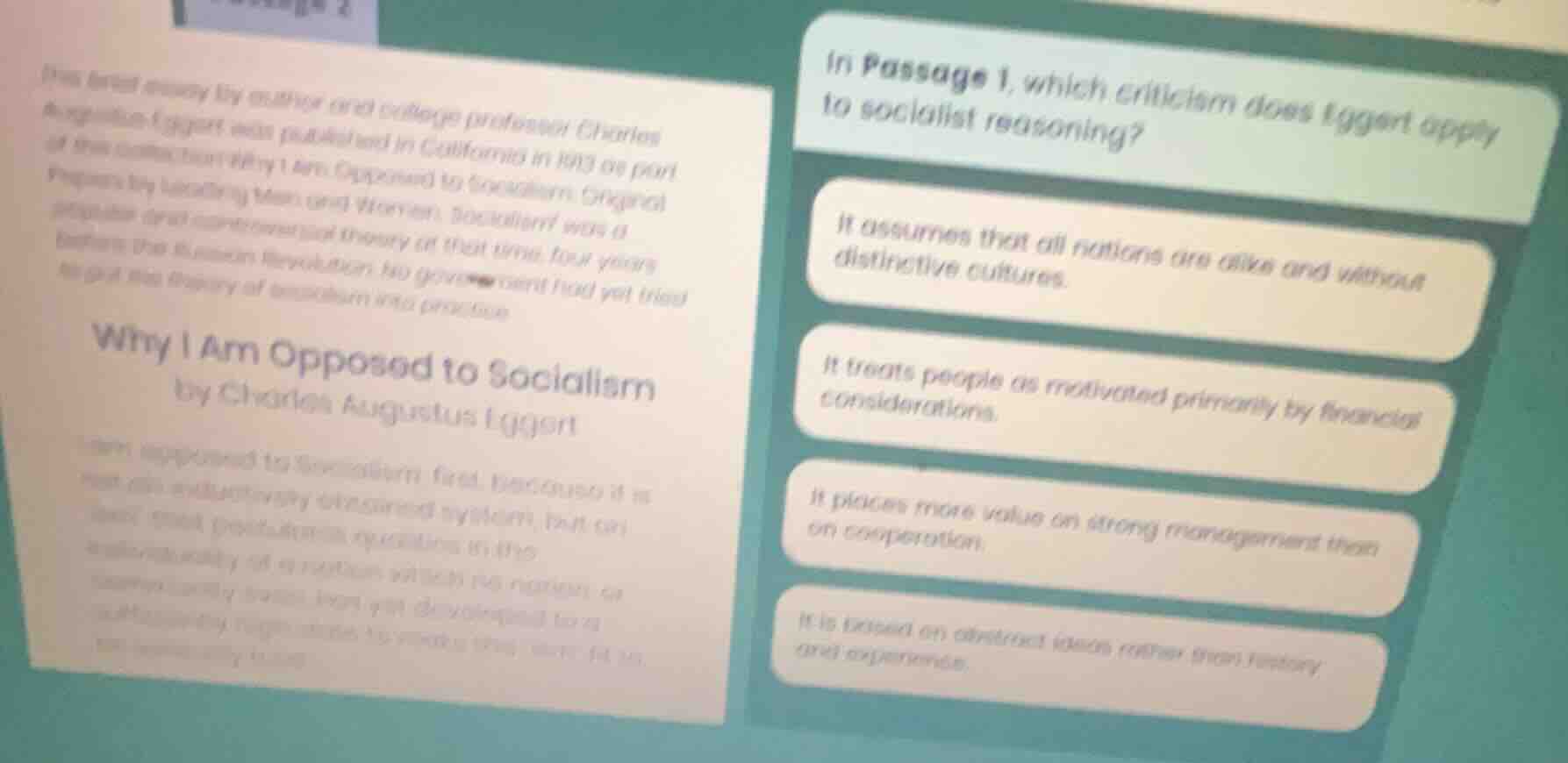 in passage 1, which criticism does eggert apply to socialist reasoning?…