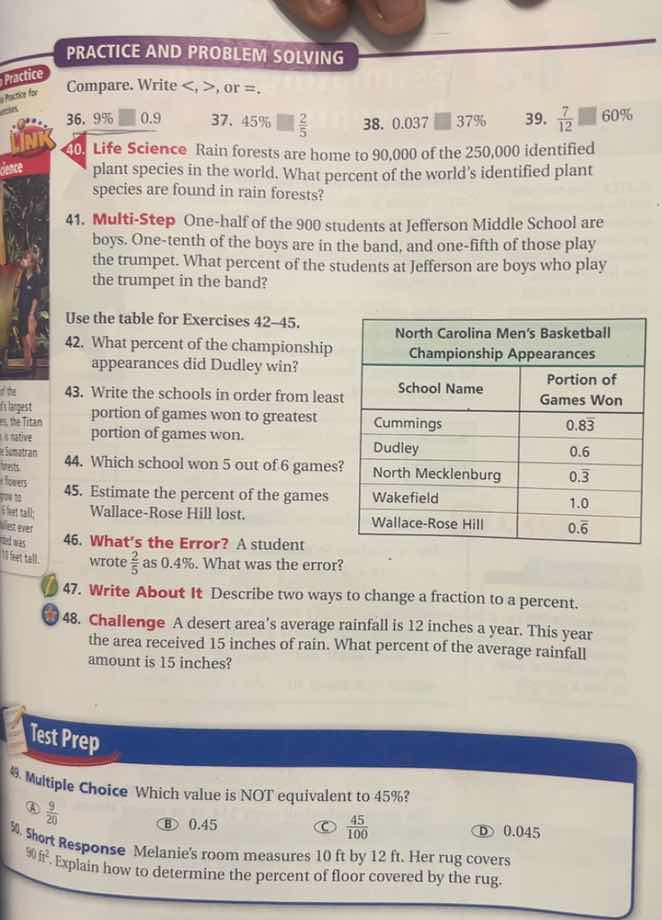 practice and problem solving compare. write <, >, or =. 36. 9% □ 0.9 37…