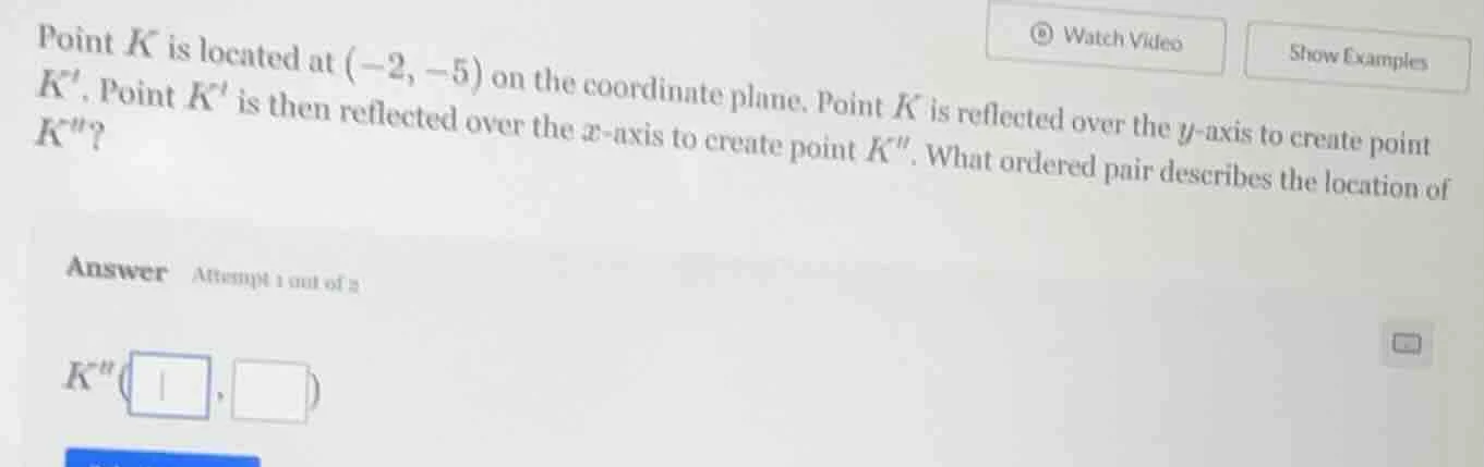 point k is located at (-2, -5) on the coordinate plane. point k is refl…
