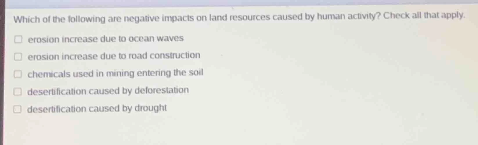 which of the following are negative impacts on land resources caused by…