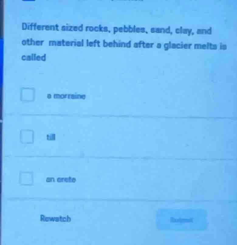 different sized rocks, pebbles, sand, clay, and other material left beh…