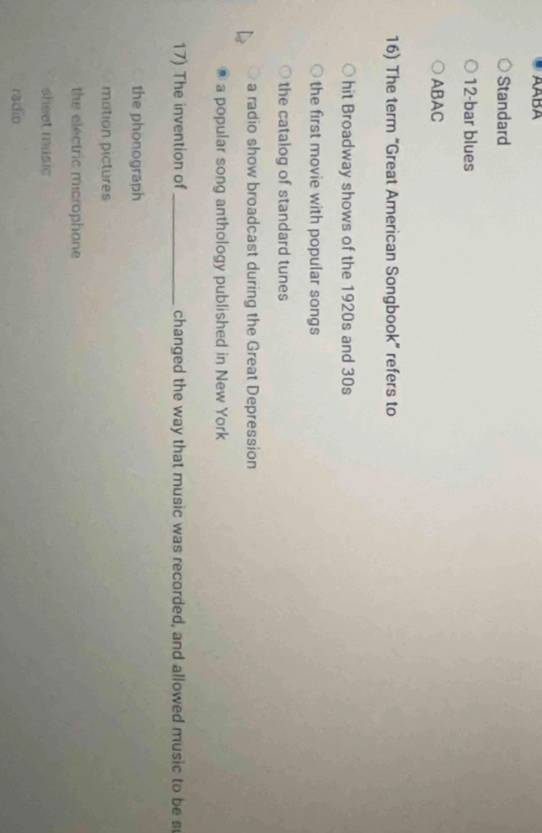 16) the term \great american songbook\ refers to hit broadway shows of …