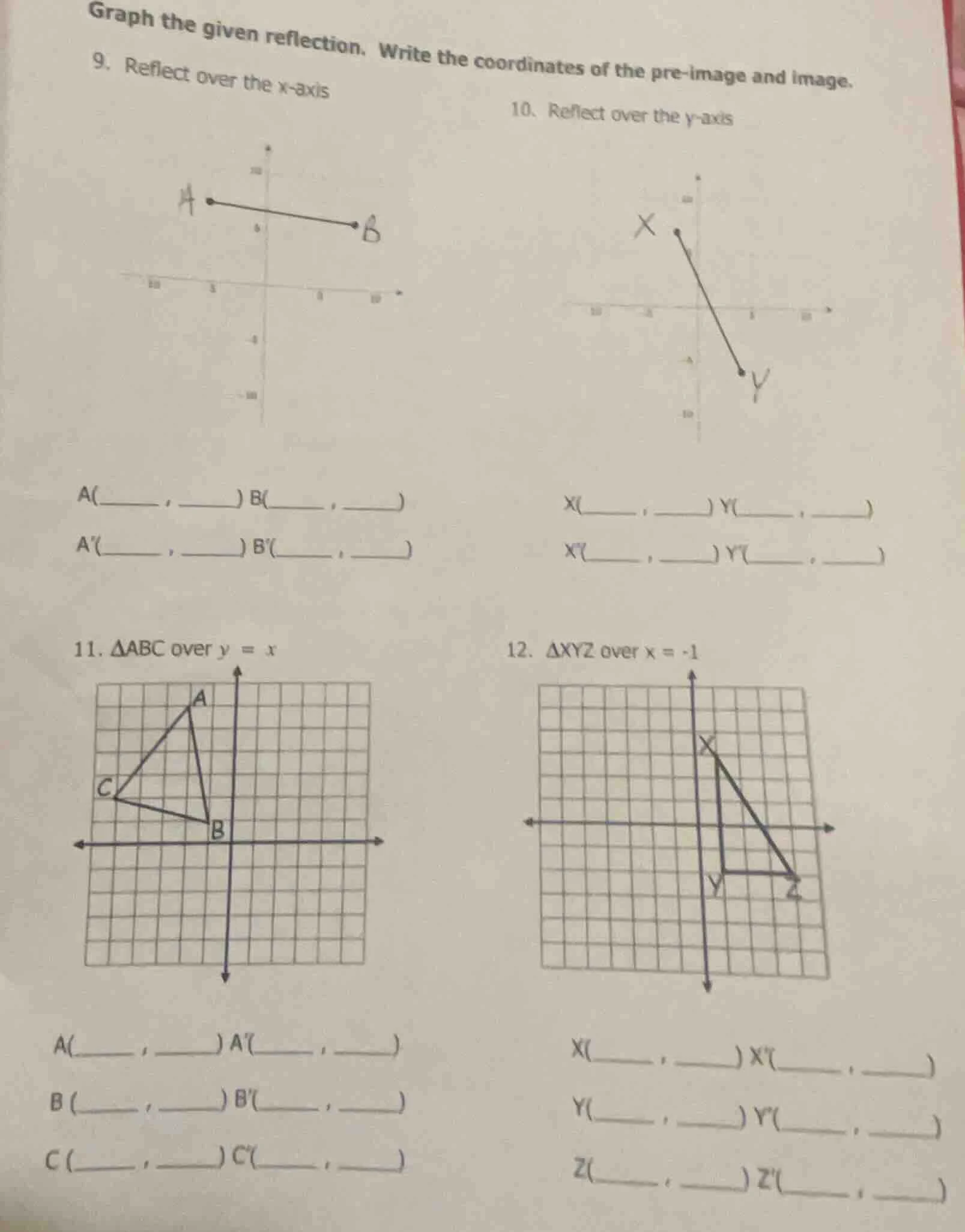 graph the given reflection. write the coordinates of the pre - image an…