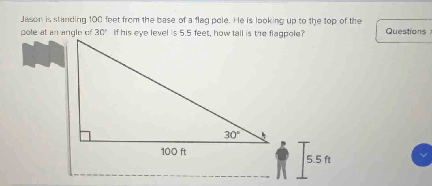 jason is standing 100 feet from the base of a flag pole. he is looking …