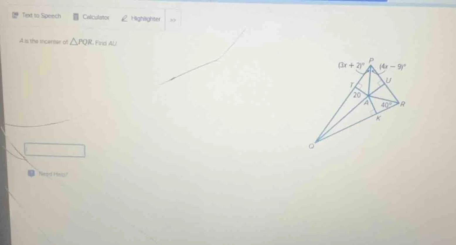 a is the incenter of $\\triangle pqr$. find $au$.